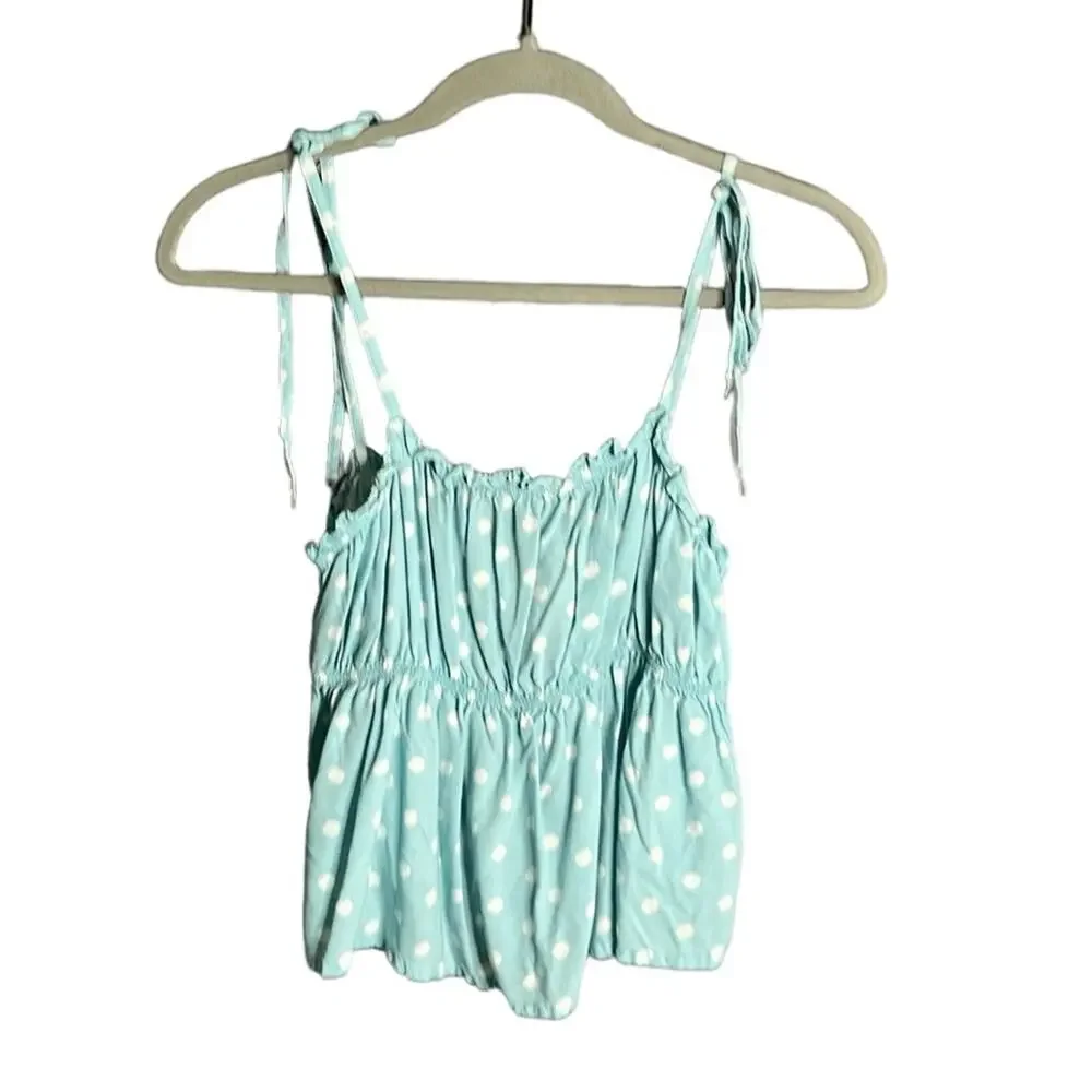 Francesca’s Blue White Polka Dot Strappy Babydoll Top Medium